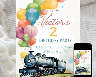 May include: A blue and white train with colorful balloons in the background. The invitation reads "Victor's 2 Birthday Party" with the date and time of the party. RSVP to 943 555 1234.