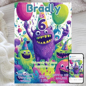 Convite de aniversário de monstro, festa infantil divertida e assustadora, modelo digital editável, convite de aniversário com tema de monstro, download do Canva