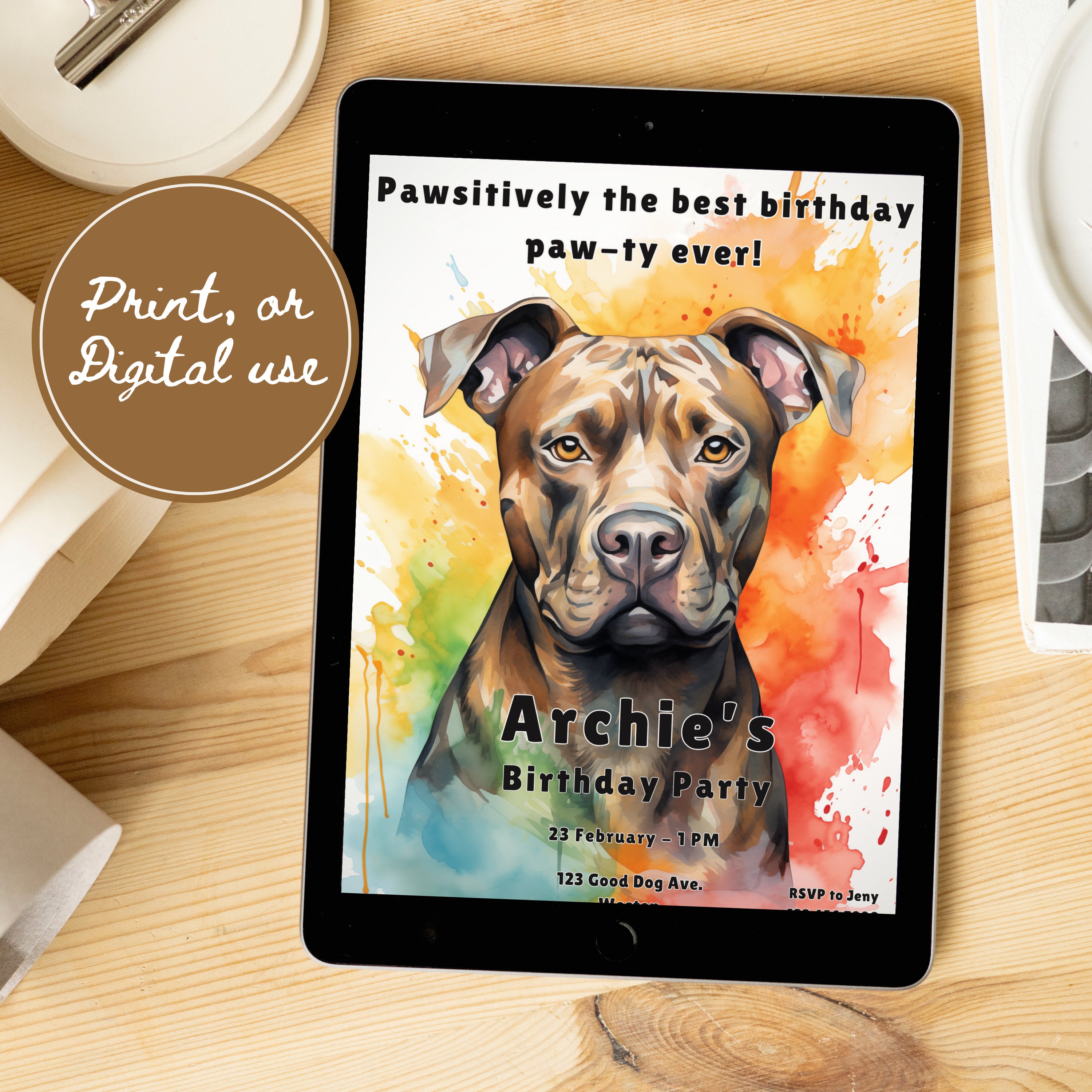 Pit Bull Birthday Invitation Card, Cute Dog Birthday Card, Dog Birthday ...