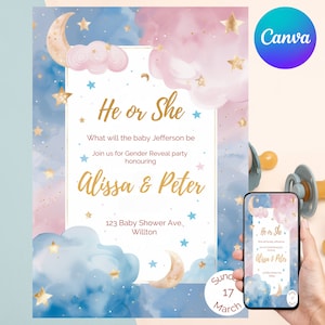 Convite para festa com revelação de gênero, ele ou ela, tema lua dourada e estrelas, convite para festa ele ou ela, design de nuvem rosa azul, download instantâneo