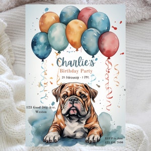 Bulldog verjaardag uitnodigingskaart, schattige hond verjaardagskaart, hond verjaardagsuitnodiging, Canine verjaardag Pawty, Instant Canva downloaden