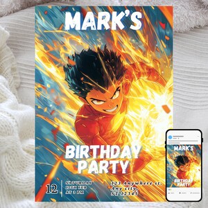 Faire-part d'anniversaire anime, fête d'enfants, modèle numérique modifiable, thème anime coloré et amusant, conception de célébration fantaisiste et ludique