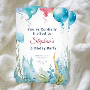 Ocean Theme Birthday Invite, Under The Sea Birthday Invitation,  Watercolor Ocean Animals, Watercolor Sea Décor,  Instant Download