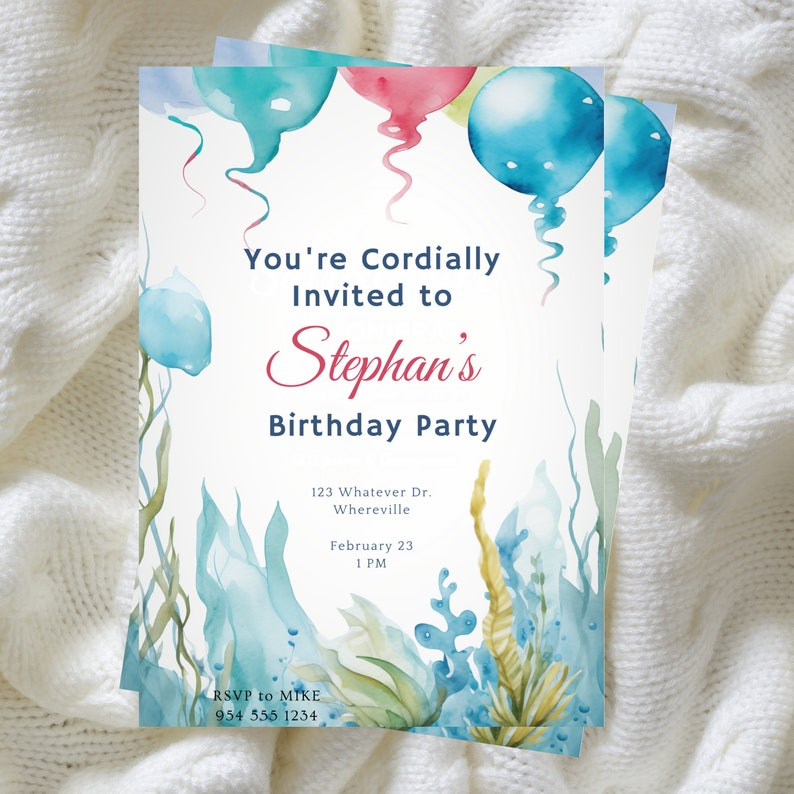 Ocean Theme Birthday Invite, Under The Sea Birthday Invitation,  Watercolor Ocean Animals, Watercolor Sea Décor,  Instant Download