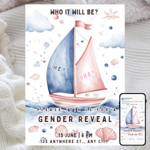 He or She Gender Reveal Invitation, Nautical Sailboat Theme, Ocean Blue ...
