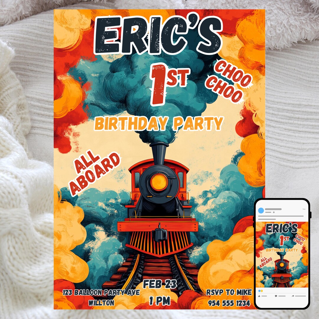 Train Birthday Invitation, Choo Choo First Birthday Party, Editable ...