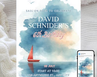 May include: A birthday invitation with a watercolor design featuring a red sailboat on water under a blue and white sky. The invitation reads "SAIL ON OVER TO CELEBRATE" and announces David Schnider's 6th Birthday on July 5th.