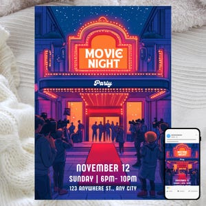Movie Night Party Invitation, Red Carpet Celebration, Editable Digital Template, Oscars Theme, Hollywood Movie Star Glam Design