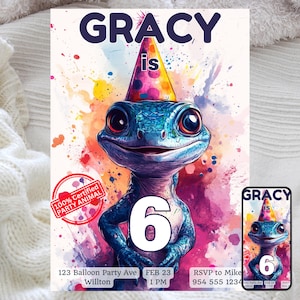 Gecko-Geburtstagsfeiereinladung, bearbeitbares Partytierdesign für alle Altersgruppen, verrückte Eidechsen-Geburtstagsfeier einladen, wilde Geburtstagsfeier