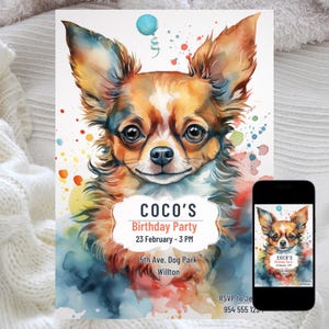 Convite de aniversário de cachorro chihuahua editável, convite fofo para festa de filhotes, comemoração de cachorro pequeno, aniversário de animal de estimação personalizado, download digital