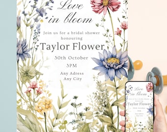 Cute Wildflower Bridal Shower Invite, Love In Bloom, Wildflower Boho Bridal Shower Printable Invitation, Editable Digital Download,