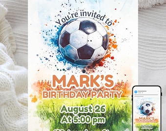 Watercolor Soccer Birthday Invitation: Editable Sports Party Template