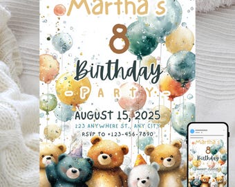 May include: A birthday party invitation with the text "Martha's 8th Birthday Party" and the date August 15, 2025. The design features watercolor balloons and teddy bears in shades of blue, orange, and brown. A smartphone displays the invitation.