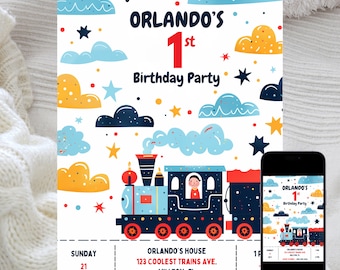 Children Train Birthday Invitation, Cute Train Party Invite Template, 1st Birthday Boy, Little Conductor, Editable Digital Download