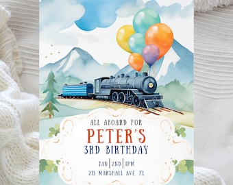 Watercolor Train Birthday Invitation, Chugga Chugga, Choo Choo Invitation, 3rd Birthday Invite, Third Birthday, Party Boy, Editable Canva