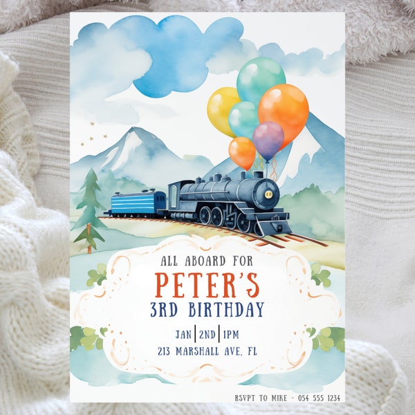 Watercolor Train Birthday Invitation, Chugga Chugga, Choo Choo Invitation, 3rd Birthday Invite, Third Birthday, Party Boy, Editable Canva