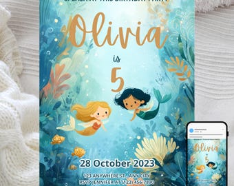 Onderwater zeemeermin verjaardagsuitnodiging, kinderfeestje uitnodigen, thema magisch zee, bewerkbare digitale sjabloon