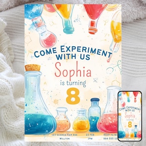 Invitación de cumpleaños editable para fiesta de ciencia para niños, laboratorio de científicos locos, experimento divertido, plantilla de invitación de cumpleaños con temática científica digital
