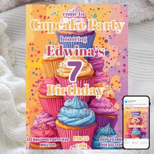 Convite de aniversário de cupcake, celebração de festa doce, modelo digital editável, tema de sobremesa divertido e colorido, convite para crianças e adultos