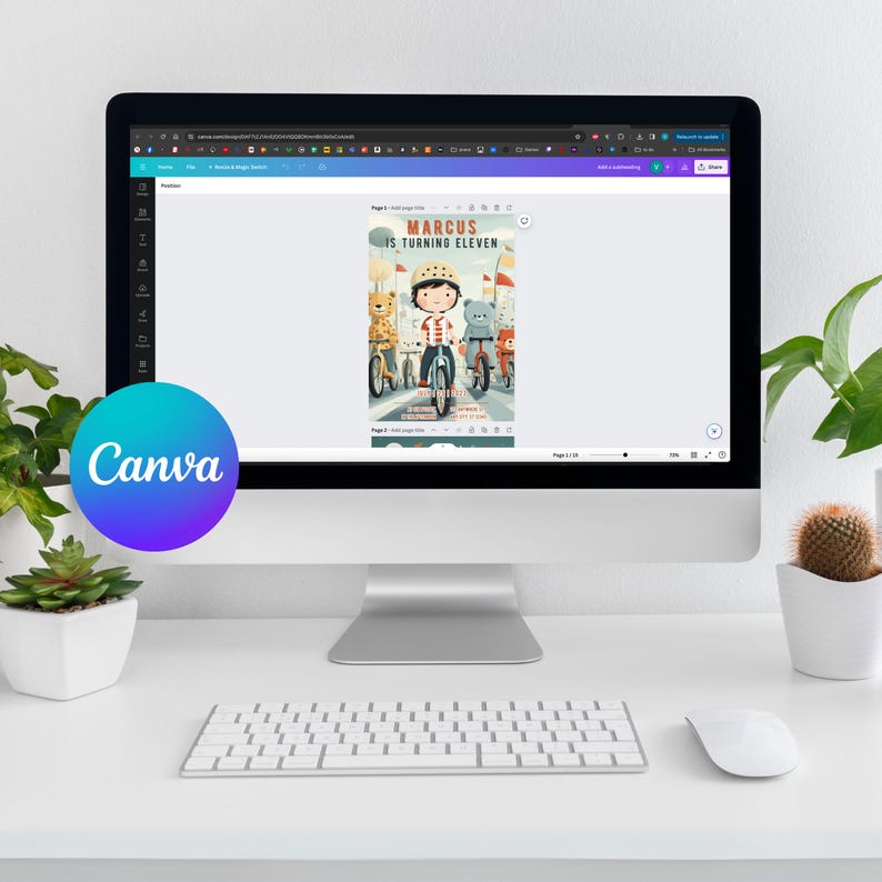 May include: A computer monitor displays a Canva design for a birthday invitation. The invitation features a cartoon illustration of a child on a bicycle with animal friends. The text on the invitation reads "Marcus is turning eleven."