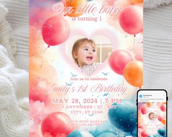 Eerste verjaardagsuitnodiging aquarelballonnen: pastelkleurige feestsjabloon (digitaal)