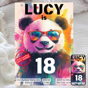 May include: A colorful birthday invitation featuring a panda wearing sunglasses. The panda is surrounded by colorful paint splatters. The text "LUCY is 18" is printed on the invitation. The invitation also includes the date, time, and location of the party.