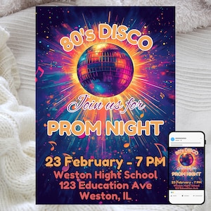 Invito per la notte del ballo di fine anno, elegante festa danzante, modello digitale modificabile, celebrazione glamour, design per eventi serali formali