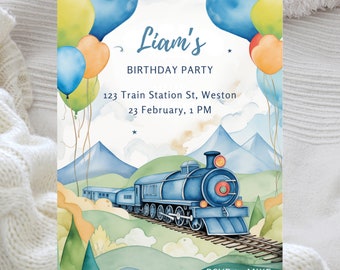 Watercolor Train Birthday Party Invite: Chugga Chugga (Canva Download)