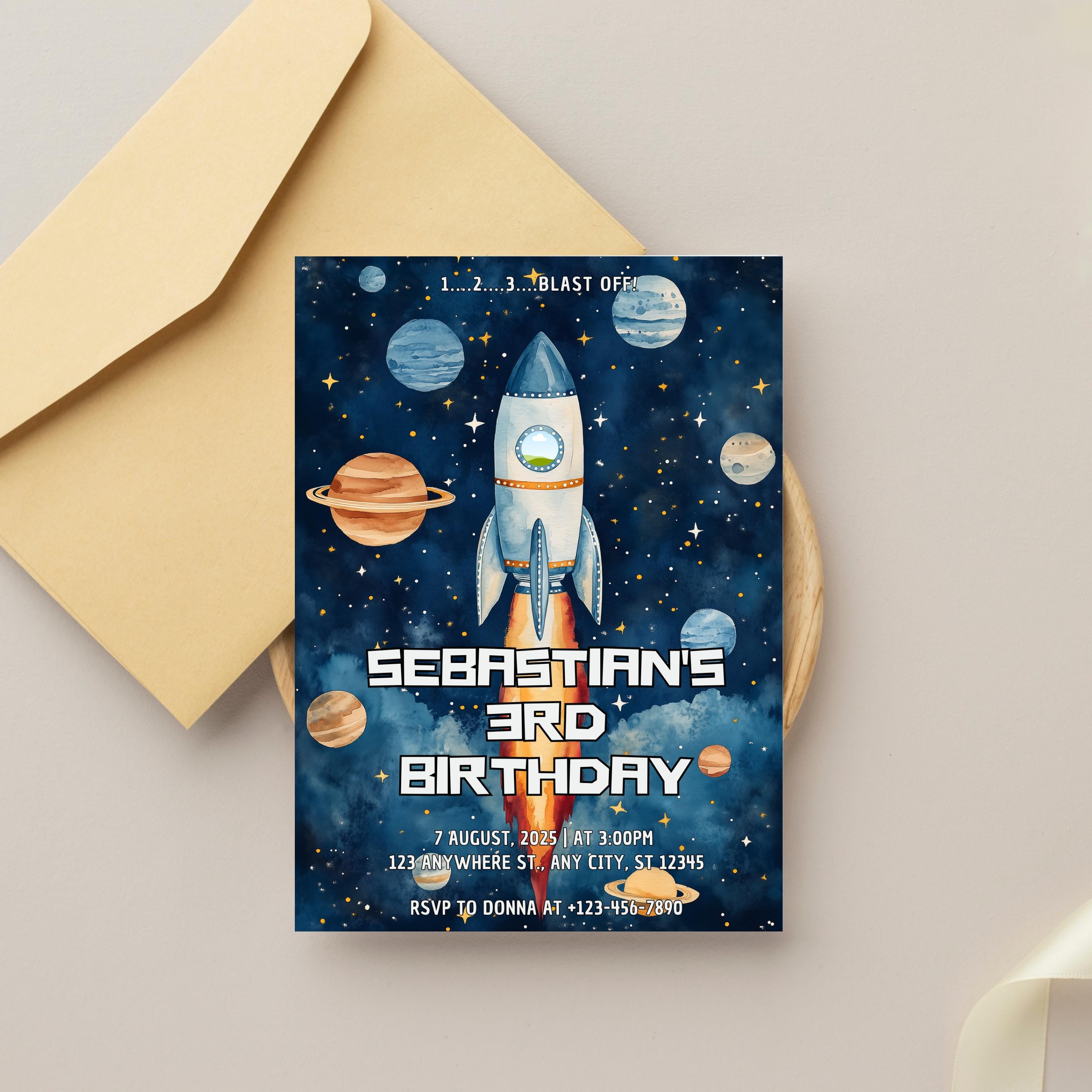 Rocket Birthday Invitation: Watercolor Galaxy Space Party (editable ...