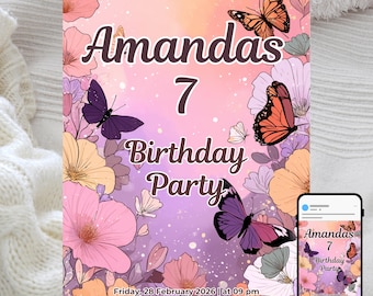 Butterfly Birthday Party Invitation for Kids, Garden Party Theme, Spring Celebration Invite, Editable Digital Invitation