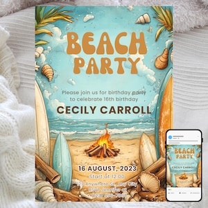 Beach Bonfire Birthday Invitation: Surf & Sand Theme (Digital Template)