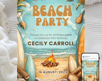 Beach Party Invitation, Surf and Sand Theme, Birthday Celebration, Coastal Bonfire Design, Editable Digital Template