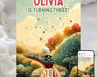 Train Birthday Invitation: Kids Locomotive Party, Editable Template (Digital Download)