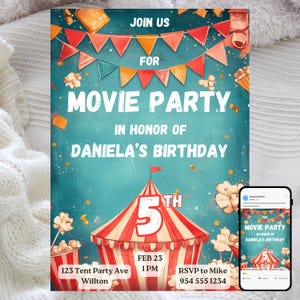 Invitación a una noche de cine, temática de carnaval y palomitas de maíz, invitación editable a una fiesta de cumpleaños, celebración de películas divertidas, plantilla de descarga digital