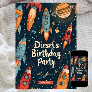Bewerkbare verjaardagsuitnodiging ruimte, thema raketschip en planeten, Outer Space-feestuitnodiging, kleurrijke cartoonontwerp, Instant Download