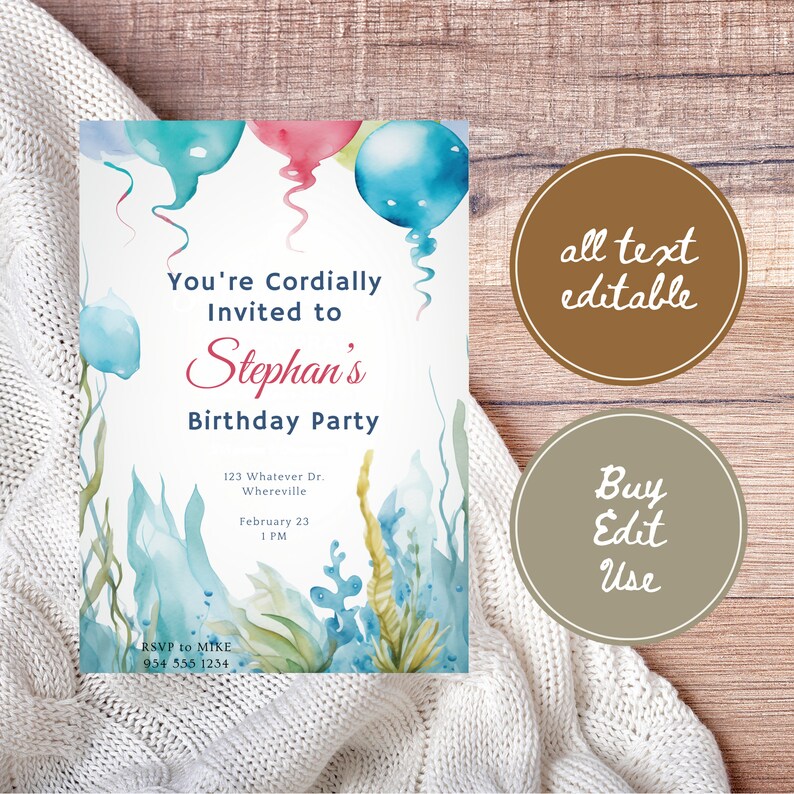Ocean Theme Birthday Invite, Under The Sea Birthday Invitation,  Watercolor Ocean Animals, Watercolor Sea Décor,  Instant Download