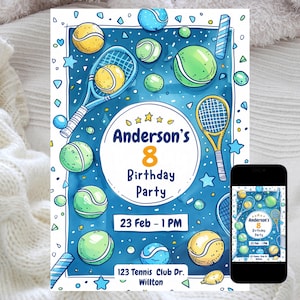 Modèle modifiable d'invitation d'anniversaire de tennis, conception de raquette et de balle de tennis, invitation de fête d'anniversaire de sports d'été, téléchargement immédiat de toile