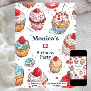 Cupcake-Geburtstagseinladung, süße Leckereien-Party einladen, bearbeitbare Cupcake-Vorlage, druckbare Geburtstagskarte