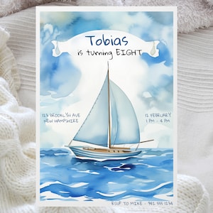 Plantilla de INVITACIÓN de CUMPLEAÑOS para niños de velero de acuarela, plantilla Canva azul náutica editable para invitación de fiesta de cumpleaños Descarga digital