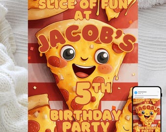 Pizza Party Invitation: Kids Birthday, Editable Template (Digital Download)