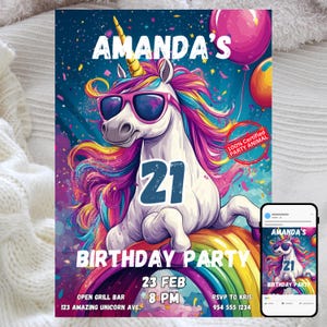 Convite de aniversário de unicórnio, tema de animal de festa, cartão engraçado, celebração caprichosa, modelo digital editável, convite para download instantâneo