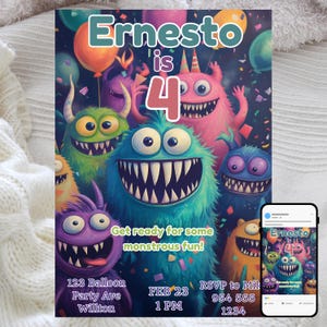 Convite para festa de aniversário de monstro, comemoração infantil divertida e assustadora, modelo digital editável, convite fofo com tema de monstro, download instantâneo