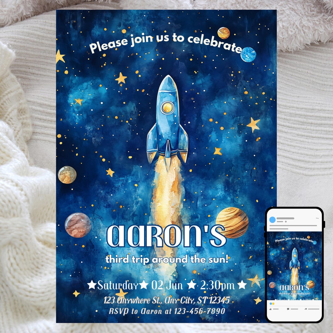Rocket Inviation Rocket Birthday Invitation: Watercolor Galaxy Space Party (editable ...