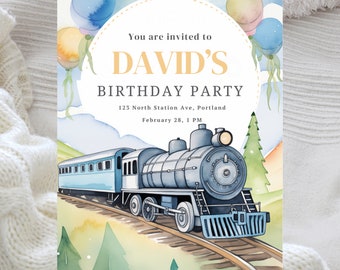 Watercolor Train Birthday Invitation: Chugga Choo-Choo Design (Digital Download)
