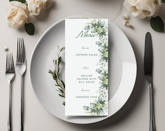Plantilla de menú de boda bohemio con hojas verdes: Diseño minimalista (editable en Canva, descarga instantánea)