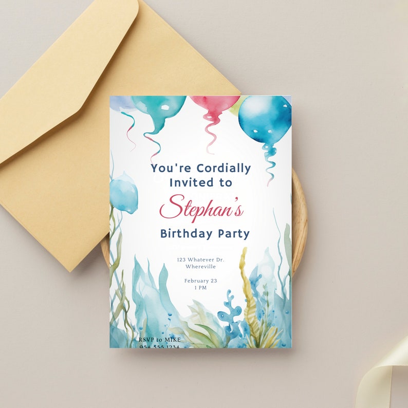 Ocean Theme Birthday Invite, Under The Sea Birthday Invitation,  Watercolor Ocean Animals, Watercolor Sea Décor,  Instant Download