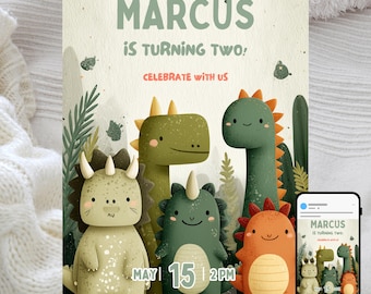 Dinosaur Birthday Party Invitation for Kids, Cute Dino Party Theme, Friendly Dinosaur Celebration, Editable Digital Invite