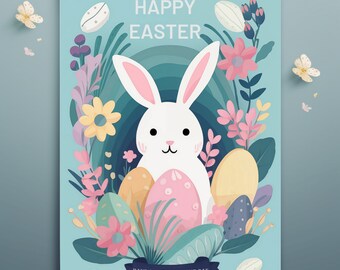 Easter Bunny Card, Happy Easter Png Card, Digital Easter Card, Illustrated Easter Greeting Card, Printable Card, Digital, Instant Download