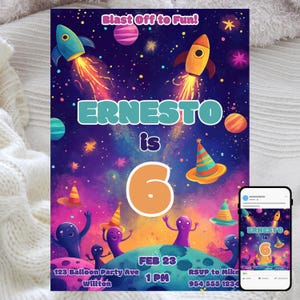 Weltraum-Geburtstagseinladung, tanzende Aliens-Thema, lustige Kinderpartyfeier, bearbeitbare digitale Vorlage, sofortiger Download einladen
