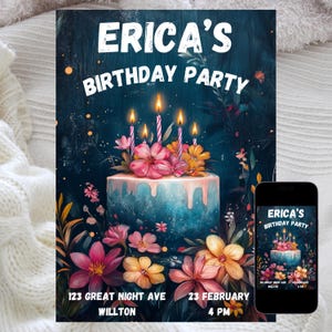 Editable Flowers and Cake Birthday Invitation, Elegant Celebration Invite, Floral and Cake Theme, Birthday Party, Instant Download Template